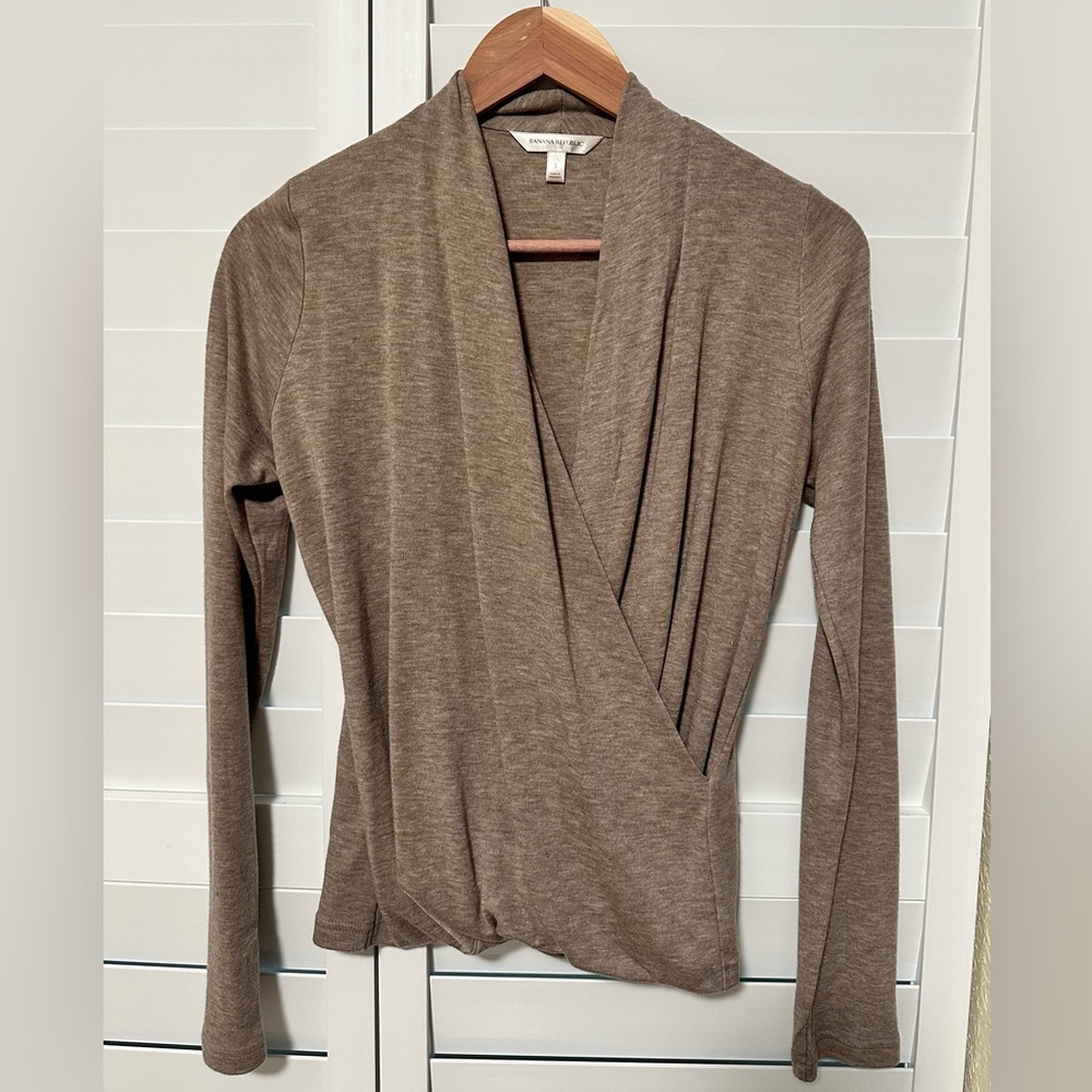 Banana Republic tan wrap front sweater.